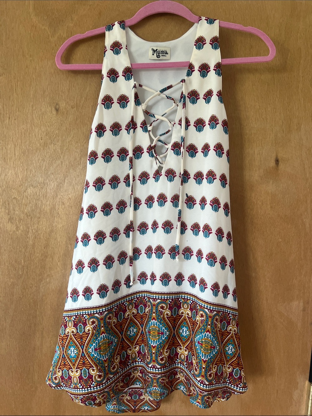 Show Me Your MuMu White Lace-Up Boho Print Dress with Teal & Rust Accents